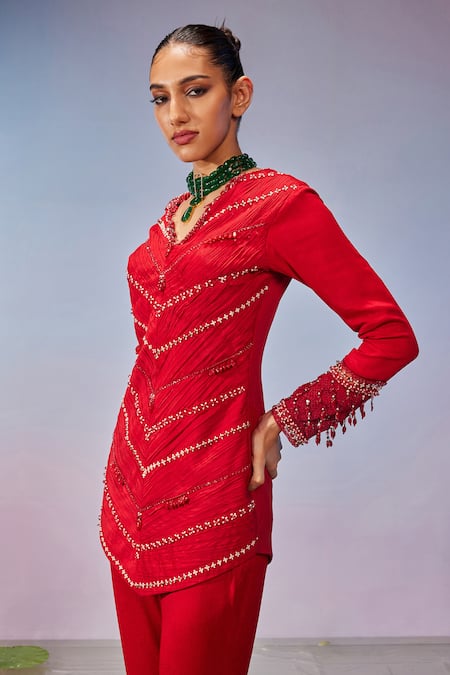 Buy Mukta Sabharwal Red Georgette Crystals, Beads, Stones, Beaded Tassel Hand Kurta With Pant Online at Aza Fashions Buy_Mukta Sabharwal_Red Georgette Crystals, Beads, Stones, Beaded Tassel Hand Kurta With Pant _Online_at_Aza_Fashions
