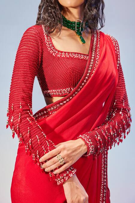 Buy_Mukta Sabharwal_Red Georgette Beads, Stones Polo Pre-draped Saree With Hand Embroidered Blouse _Online_at_Aza_Fashions
