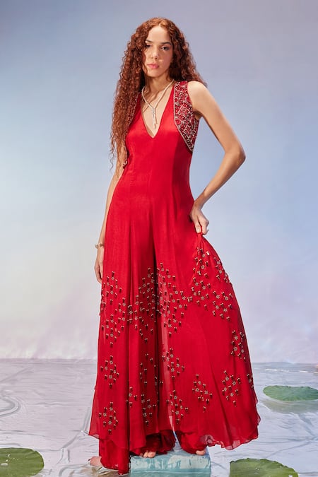 Mukta Sabharwal Red Georgette Hand Embroidery Beads V Neck Tassel Jumpsuit 