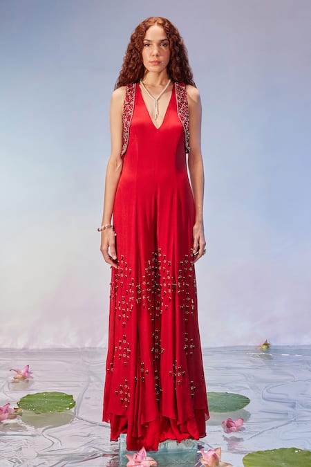 Mukta Sabharwal_Red Georgette Hand Embroidery Beads V Neck Tassel Jumpsuit _Online_at_Aza_Fashions