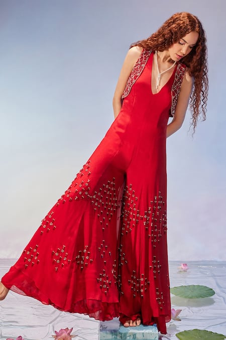 Buy_Mukta Sabharwal_Red Georgette Hand Embroidery Beads V Neck Tassel Jumpsuit _Online_at_Aza_Fashions
