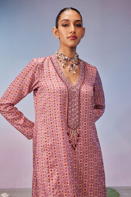 Mukta Sabharwal_Purple Satin, Silk Beads, Embroidery Floral Butti Print Short Kurta With Pant _Online_at_Aza_Fashions