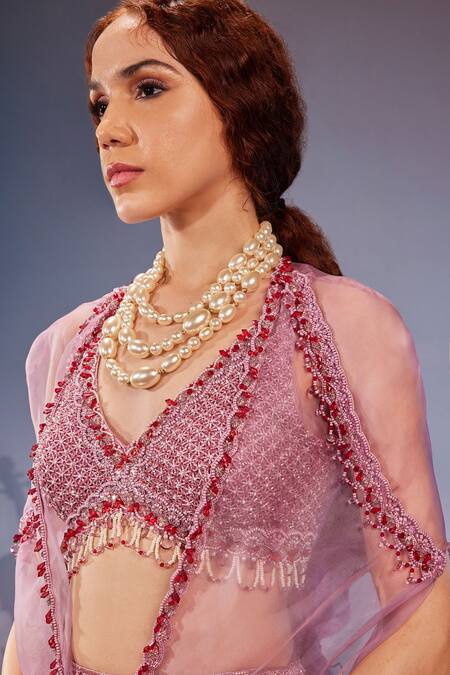 Buy_Mukta Sabharwal_Purple Georgette, Organza Beads, Sheer Hand Embroidered Cape And Sharara Set _Online_at_Aza_Fashions