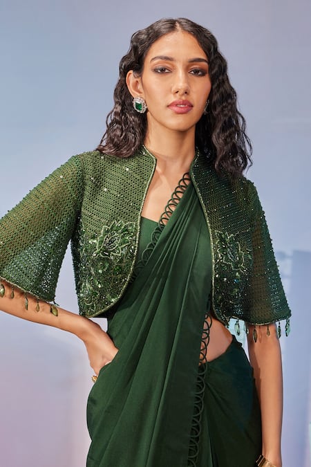 Mukta Sabharwal_Green Net, Silk, Georgette Floral Embellished Jacket And Pre-draped Saree Set _Online_at_Aza_Fashions