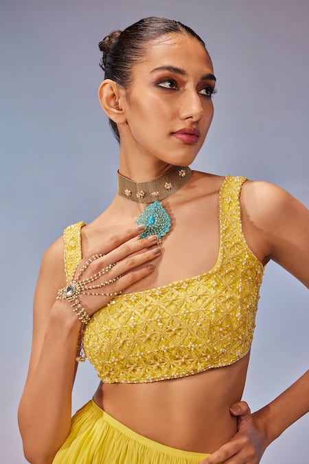 Mukta Sabharwal_Yellow Georgette Crystals, Beads, Diamonds, Hand Cutwork Blouse With Skirt _Online_at_Aza_Fashions