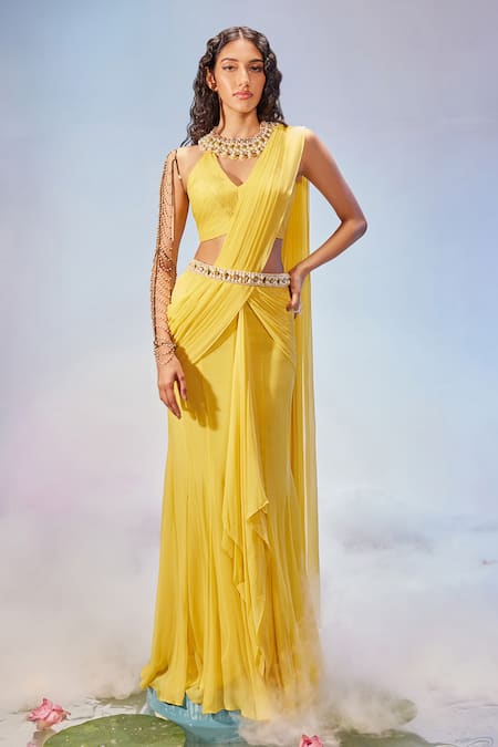 Mukta Sabharwal Yellow Georgette Hand Embroidery Pearl Jewel Pre-draped Saree With Blouse 