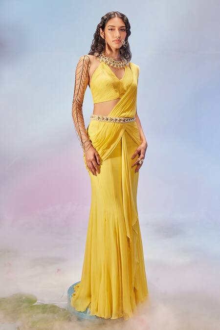 Mukta Sabharwal_Yellow Georgette Pearls, Pre-draped Saree With Jewel Hand Embroidered Blouse _Online_at_Aza_Fashions