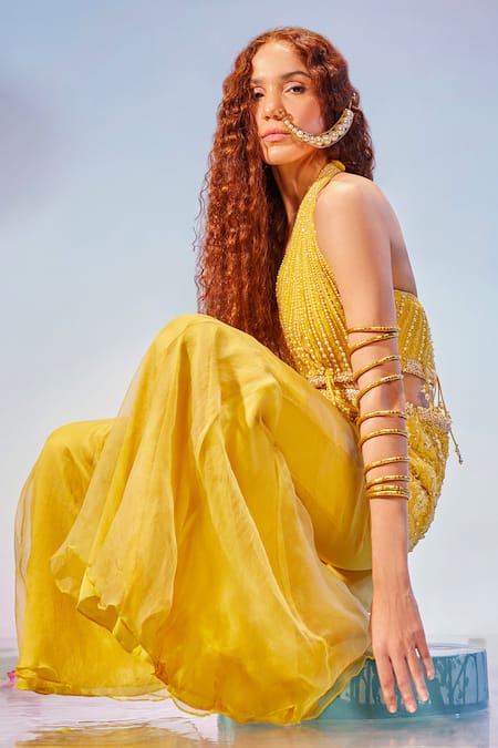 Buy_Mukta Sabharwal_Yellow Organza Crystals, Pearls, Embroidery V-neck Hand Kurta With Sharara _Online_at_Aza_Fashions