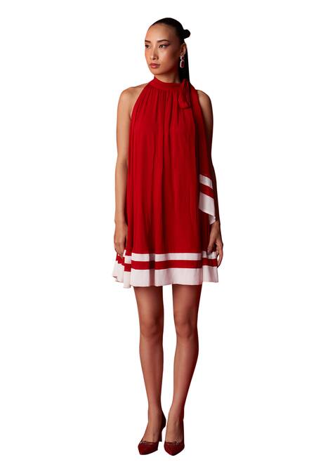 Buy_Dania Siddiqui_Red Viscose, Georgette, Cotton, Silk Halter Neck Lora Flared Mini Dress 