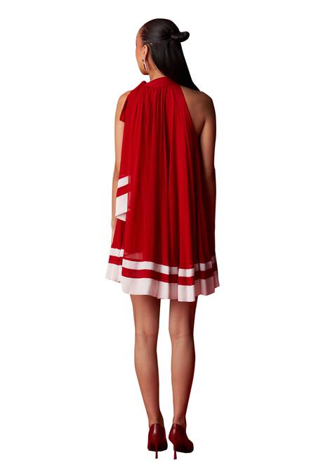 Shop_Dania Siddiqui_Red Viscose, Georgette, Cotton, Silk Halter Neck Lora Flared Mini Dress 