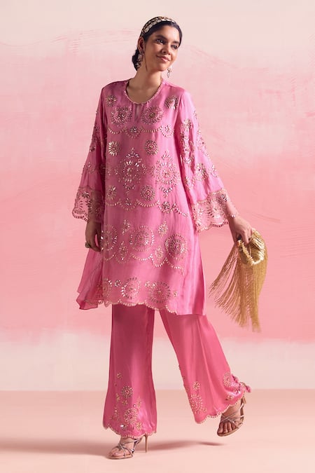 One Not Two Sequins Embroidered Short A-Line Kurta & Pant Set 