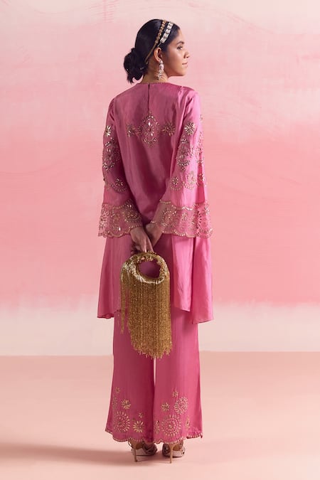 Shop One Not Two Pink Silk, Organza, Cotton, Satin Embroidered Short A-line Kurta And Pant Set at Aza Fashions Shop_One Not Two_Pink Silk, Organza, Cotton, Satin Embroidered Short A-line Kurta And Pant Set _at_Aza_Fashions