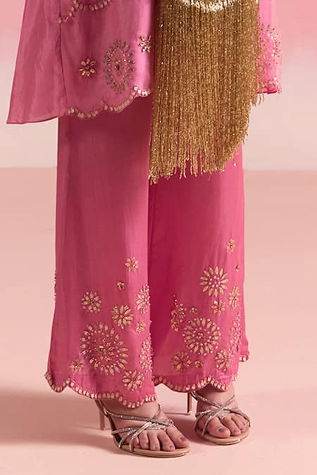One Not Two Pink Silk, Organza, Cotton, Satin Embroidered Short A-line Kurta And Pant Set Online at Aza Fashions One Not Two_Pink Silk, Organza, Cotton, Satin Embroidered Short A-line Kurta And Pant Set _Online_at_Aza_Fashions