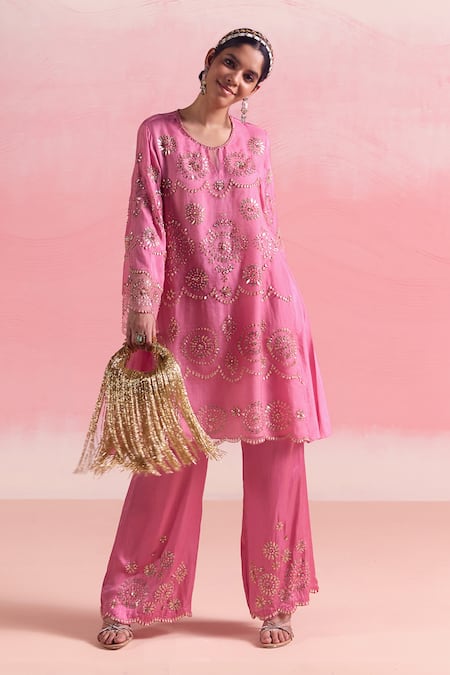 Buy One Not Two Pink Silk, Organza, Cotton, Satin Embroidered Short A-line Kurta And Pant Set Online at Aza Fashions Buy_One Not Two_Pink Silk, Organza, Cotton, Satin Embroidered Short A-line Kurta And Pant Set _Online_at_Aza_Fashions