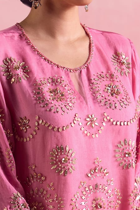 Shop One Not Two Pink Silk, Organza, Cotton, Satin Embroidered Short A-line Kurta And Pant Set Online at Aza Fashions Shop_One Not Two_Pink Silk, Organza, Cotton, Satin Embroidered Short A-line Kurta And Pant Set _Online_at_Aza_Fashions