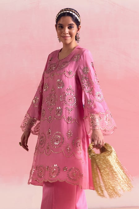 One Not Two Pink Silk, Organza, Cotton, Satin Embroidered Short A-line Kurta And Pant Set at Aza Fashions One Not Two_Pink Silk, Organza, Cotton, Satin Embroidered Short A-line Kurta And Pant Set _at_Aza_Fashions