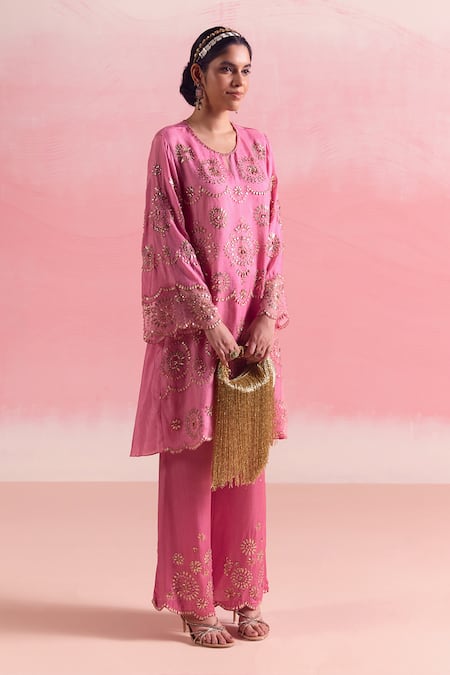 Buy One Not Two Pink Silk, Organza, Cotton, Satin Embroidered Short A-line Kurta And Pant Set Buy_One Not Two_Pink Silk, Organza, Cotton, Satin Embroidered Short A-line Kurta And Pant Set