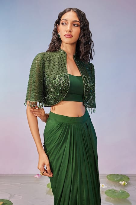 Mukta Sabharwal Floral Embellished Jacket & Draped Skirt Set 