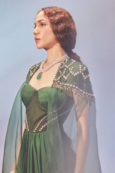 Buy_Mukta Sabharwal_Green Georgette, Organza Beads Hand Embroidered Cape With Corset Dress _Online_at_Aza_Fashions