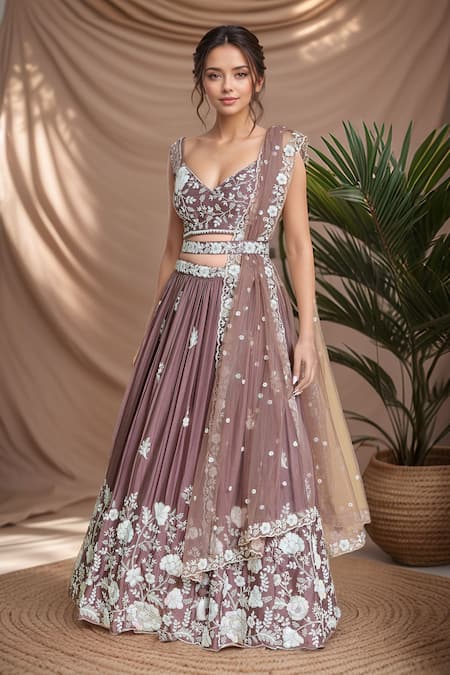 Samyukta Singhania Rose Gold Lehenga And Blouse Poly Georgette Embroidery Thread V Neck Work Set 