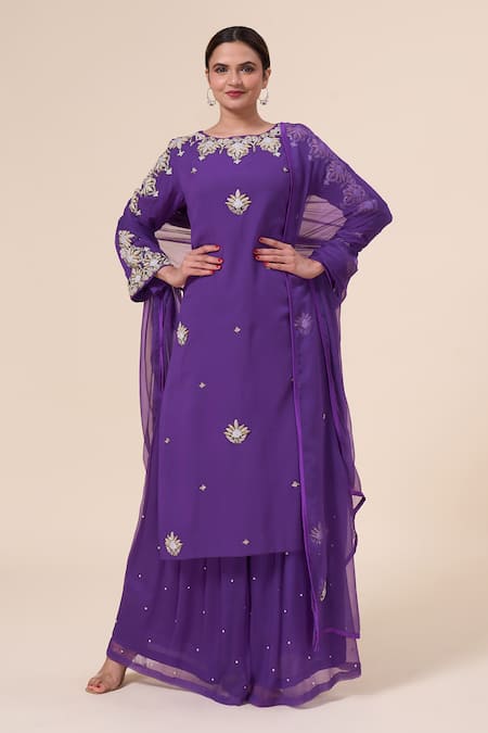 Buy Samyukta Singhania Purple Georgette, Chiffon Pearls, Zardozi Floral Embroidered Kurta Sharara Set Online at Aza Fashions Buy_Samyukta Singhania_Purple Georgette, Chiffon Pearls, Zardozi Floral Embroidered Kurta Sharara Set _Online_at_Aza_Fashions