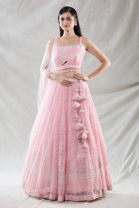 Shop_Samyukta Singhania_Pink Net Beads, Sequins, Cut Work, Zari Square Neck Lehenga Blouse Set