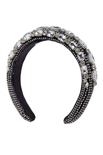 Shop_Bijoux By Priya Chandna_Black Crystals, Rhinestones Embellished Velvet Headband _Online_at_Aza_Fashions