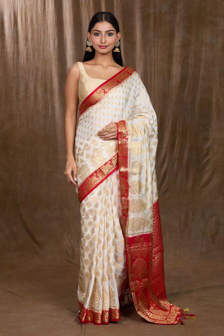 Shop Naintara Bajaj White Satin, Silk Zari, Floral And Woven Pattern Saree With Running Blouse Shop_Naintara Bajaj_White Satin, Silk Zari, Floral And Woven Pattern Saree With Running Blouse