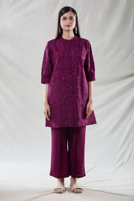 Buy_Naintara Bajaj_Purple Viscose Beads Mandarin Collar Kiaa Phool Embroidered Kurta With Pant 