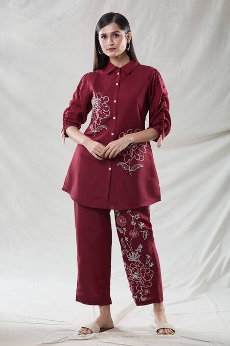 Buy Samyukta Singhania Red Viscose Embroidery Collared Floral Tunic And Pant Set Buy_Samyukta Singhania_Red Viscose Embroidery Collared Floral Tunic And Pant Set