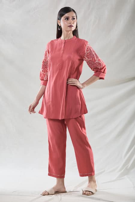 Buy_Naintara Bajaj_Red Viscose Applique Bandeau Neck Embroidered Tunic And Pant Set 