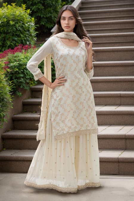 Samyukta Singhania Off White Chinon Jaal Round Floral Work Straight Kurta Sharara Set 