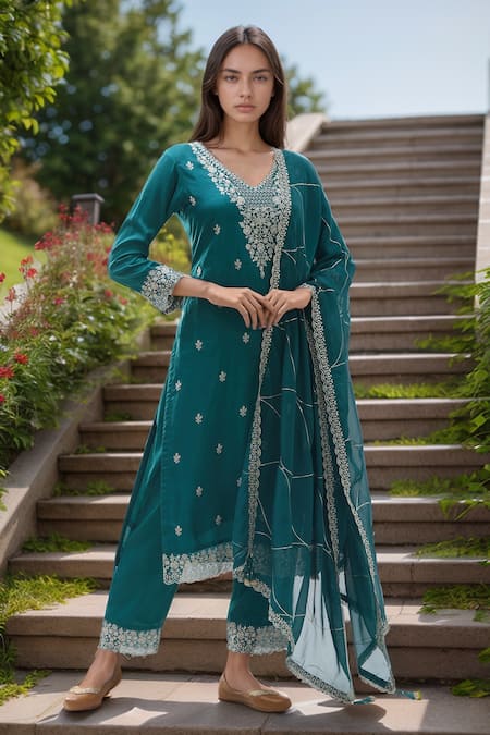 Naintara Bajaj Straight Kurta Set Scallop Hem Dupatta 