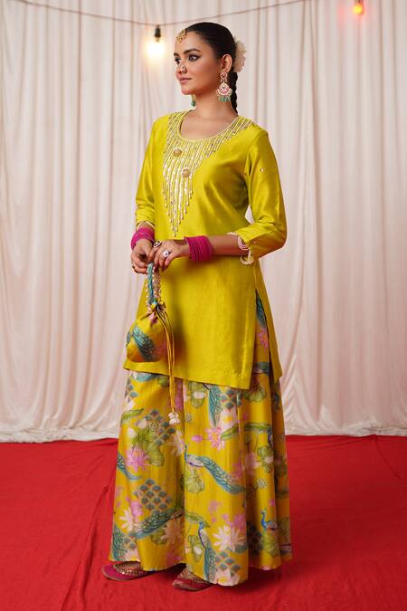 Chrkha_Green Chanderi Silk, Linen Pearls, Sequins, Embroidery Round Kurta Sharara Set _Online_at_Aza_Fashions