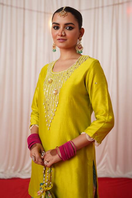 Buy_Chrkha_Green Chanderi Silk, Linen Pearls, Sequins, Embroidery Round Kurta Sharara Set _Online_at_Aza_Fashions