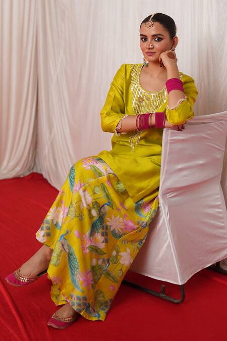 Shop_Chrkha_Green Chanderi Silk, Linen Pearls, Sequins, Embroidery Round Kurta Sharara Set _Online_at_Aza_Fashions