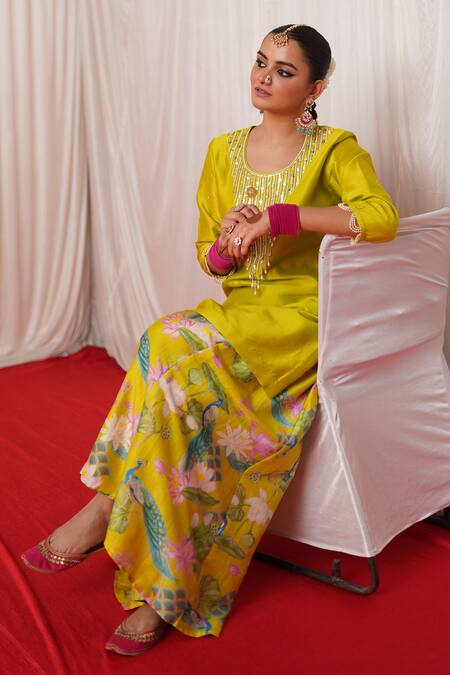 Chrkha_Green Chanderi Silk, Linen Pearls, Sequins, Embroidery Round Kurta Sharara Set _at_Aza_Fashions