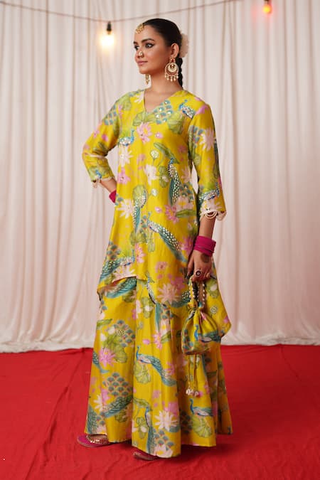 Shop_Chrkha_Green Silk, Pearls, Printed Embroidered Kurta Sharara Set _Online_at_Aza_Fashions