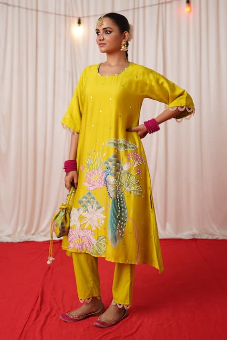 Buy_Chrkha_Green Chanderi Silk, Cotton Pearls, Fringe, Sequins, Printed Kurta Pant Set _Online_at_Aza_Fashions