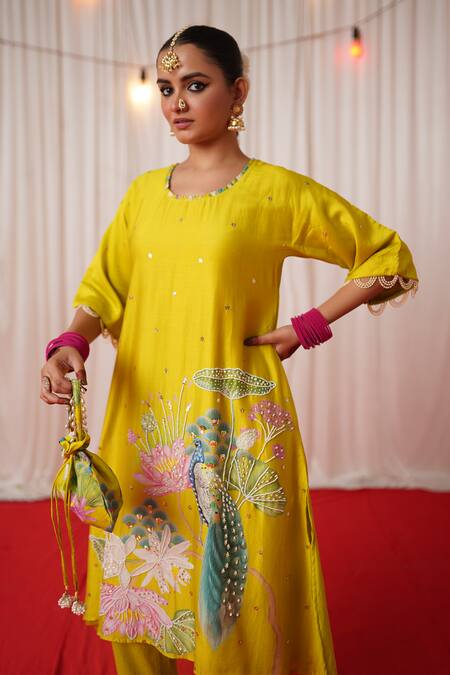 Shop_Chrkha_Green Chanderi Silk, Cotton Pearls, Fringe, Sequins, Printed Kurta Pant Set _Online_at_Aza_Fashions