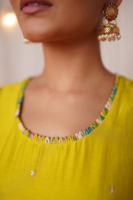 Chrkha_Green Chanderi Silk, Cotton Pearls, Fringe, Sequins, Printed Kurta Pant Set _at_Aza_Fashions