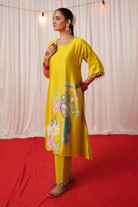 Buy_Chrkha_Green Chanderi Silk, Cotton Pearls, Fringe, Sequins, Printed Kurta Pant Set 