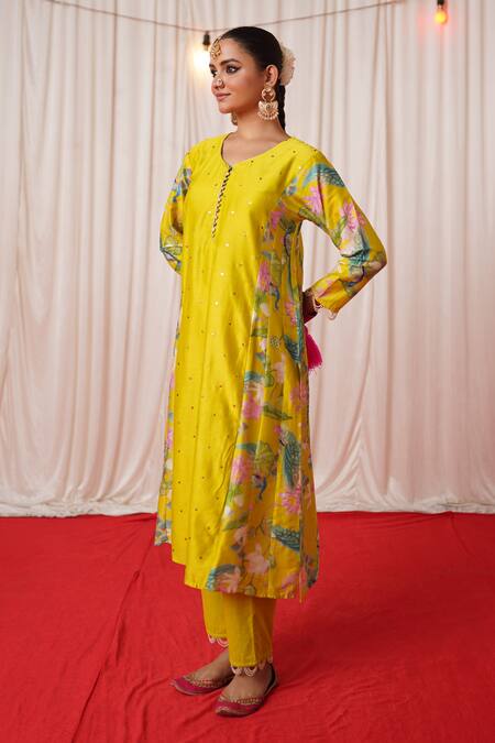 Shop_Chrkha_Green Chanderi Silk, Cotton Pearls, Sequins Printed Side Panelled Kurta Pant Set _Online_at_Aza_Fashions