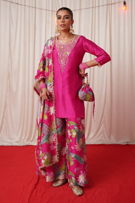 Chrkha_Pink Silk, Sequins, Pearls Round Embroidered Kurta Pant Set _Online_at_Aza_Fashions
