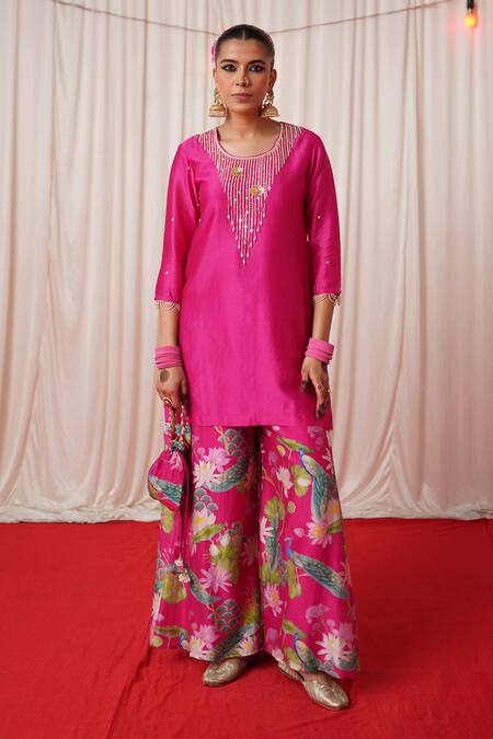 Shop_Chrkha_Pink Silk, Sequins, Pearls Round Embroidered Kurta Pant Set _Online_at_Aza_Fashions