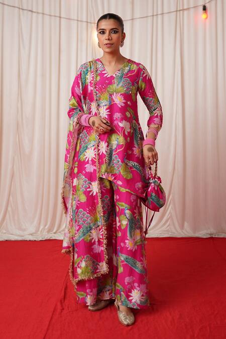 Chrkha_Pink Chanderi Silk Pearls, Sequins, Embroidery Floral Print Kurta Pant Set _Online_at_Aza_Fashions