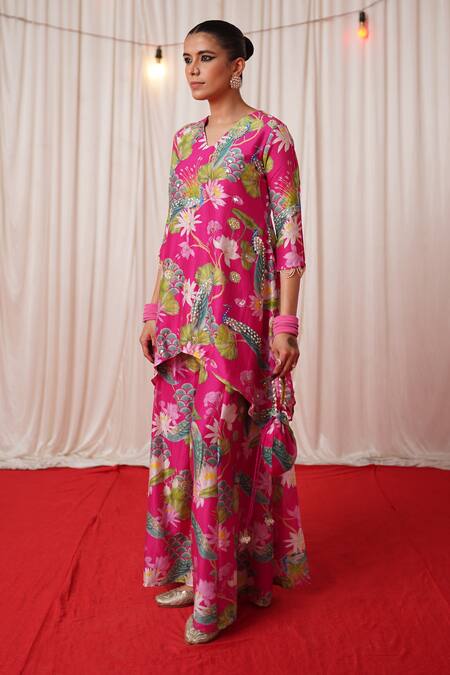 Buy_Chrkha_Pink Chanderi Silk Pearls, Sequins, Embroidery Floral Print Kurta Pant Set _Online_at_Aza_Fashions