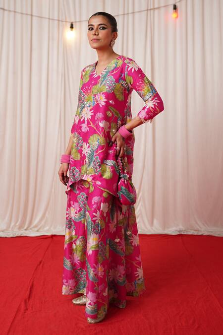 Shop_Chrkha_Pink Chanderi Silk Pearls, Sequins, Embroidery Floral Print Kurta Pant Set _Online_at_Aza_Fashions