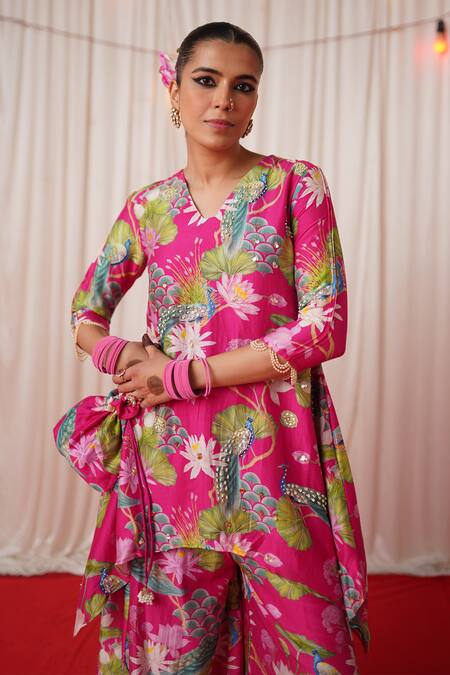 Chrkha_Pink Chanderi Silk Pearls, Sequins, Embroidery Floral Print Kurta Pant Set _at_Aza_Fashions