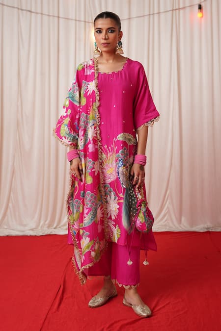 Chrkha_Pink Chanderi Silk, Cotton Pearls, Sequins Printed Embroidered Kurta Pant Set _Online_at_Aza_Fashions